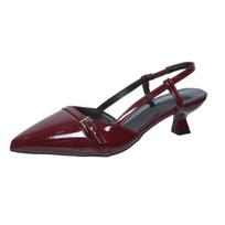Fashion 2024 Summer French Style Wine Red Black Pointed Patent Leather Mid-heel Sandals for Women's Retro Classic Designer Casual Shoes 35 raudona