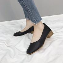 Shallow mouth new grandma shoes Korean version soft leather single shoes women's square head thick heel  medium heel retro women's shoes 35 juoda