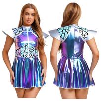 Complete Women‘s Alien Astronaut Halloween Costume S-3XL: Gradient Sequin Mini Dress with Metallic Patchwork & Fly Sleeves XL mėlyna