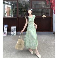 Green Xiaofei Sleeve Floral Dress Women's Summer New Seaside Vacation Sleeveless Waist Long Skirt S