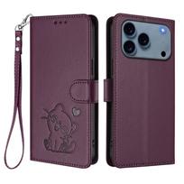 WEFOR Wallet Case for iPhone 17/Air/16/16e/15 Pro Max 16 Plus, Cute Cat Embossed Flip Cover, with Card Holder and Wrist Strap For iPhone 15 Plus tamsiai violetine spalva