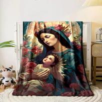 A serene figure in blue robes with halos and vibrant floral surroundings. for all seasons blanket lunch break throw gift 80cm x 120cm