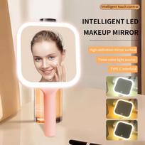 3 Color Light LED Smart Makeup Mirror Touch Screen Adjustable Brightness Dimmable Lights Makeup Mirror Handheld Portable rožinė
