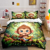 Cute Monkey In The Forest Cartoon Print Bedding Set 1 Duvet Cover 2 Pillowcases For Adult And Children Luxury Gift Full Size EU Twin 135X200cm&set