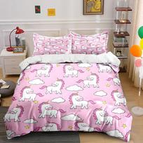Unicorn Clouds Stars Pink Background Print Bedding Set 1 Duvet Cover 2 Pillowcases For Adult And Children Luxury Gift Full Size EU Twin 135X200cm&set