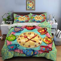 Teapots And Teacups Decorating Clock Print Soft Comfortable Duvet Cover Bedding Set Included 1*Duvet Cover  2*Pillowcases EU Twin 135X200cm&set