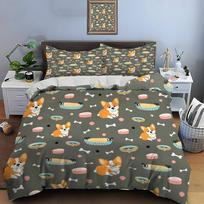 Cartoon Corgi Dogs And Accessories Pattern Bedding Set For Kids Luxury Gift 3Pcs Digital Print Comforter Set Soft Comfortable (as the picture,EU Twin 135X200cm&set)