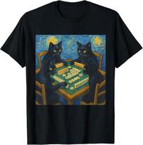 Van Gogh Starry Night Cat Playing Mahjong Chinese Tile Game  unisex T-Shirt S
