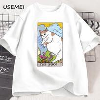 Sad Cat Meme The Fool Tarot T-Shirt Men Women Witchy Clothing Crying Cat T Shirt Casual Oversized T-shirts Streetwear Clothing S įvairiaspalvis