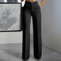 High Waist Wide Leg Trousers for Women Classic Straight Fit Business Office Workwear Pants with Button Closure L juoda