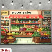 2D Cartoon Supermarket Backdrop Fruit Veggie Shop Photo Booth Background 47.2x31.5inch/120*80cm