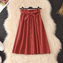 Summer Mid-length Skirt Women's Bud High Waist Single-breasted A-line Over-the-knee Skirt One size plytų raudona spalva