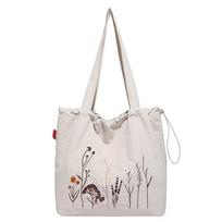 Thickened~ Vintage nylon tote bag Large capacity embroidered shoulder bundle mouth bag Student class commuter bag 33*16*33 pilkšvai balta