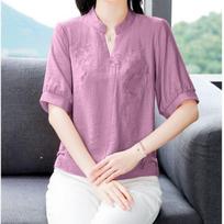 Women's Blend Blouse - Mandarin Collar Floral Embroidery Half Sleeve Top L rožinė