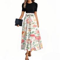 Women's Elegant Fashion Floral Print Belted Short Sleeve Round Neck Splicing Casual Dress XL rožinė