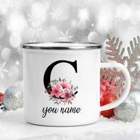 Emalio puodelis Custom Personalized Name Flower Letter Alphabet Mug Camping Handle Coffee Tea Milk Mugs Festive Birthday Gifts 360ml gray