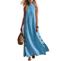 Sleeveless High Neck Maxi Dress with Side Button Detailing Loose Fit Long Dress Casual Summer Style for Women M