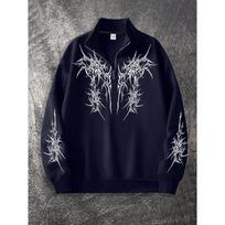 Men's Gothic Dark Printed Short Zipper Sweatshirt Slim Fit, Stand Up Casual Style, Slightly Stretchy Fabric S