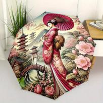 Women's Japanese Cherry Blossom & Kimono Automatic Folding Umbrella - 8-Rib Compact Windproof Travel Umbrella with Japanese Pa