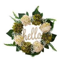 Žavingas daugiaspalvis hortenzijos žalias lapų vainikas sezoninei namų puošybai Hello GreenLeaf Wreath