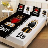 King Queen Chess Piece Fitted Sheet Set Black White Split Design Bedding Crown Heart Print Soft Polyester For Couples Bedroom 140x200cm