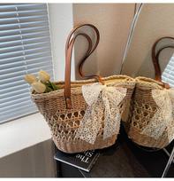 Lazy wind hand-held straw woven bag women's literary weaving large-capacity bag casual hollow tote bag chaki