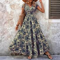 Women's Vintage Printed Elegant V,neck Short,sleeve Dress XXL mėlyna