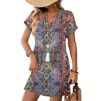 Women's Fashion Print V-Neck Short Sleeve Pocket Casual Pullover Dress M mėlyna