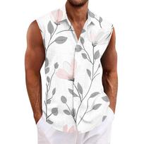 Men's Sleeveless Button Down Shirt with Tropical Tree and Floral Print Casual Fit Top XXXL mėlyna