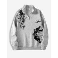 Y2K Fashion Street Style Men'S Stand Up Collar Sweatshirt, Thorns Design Angel Print Sweatshirt S pilka