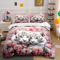 White Tigers Surrounded By Roses Bedding Set For Kids Luxury Gift 3Pcs Digital Print Comforter Set Soft Comfortable Breathable (as the picture,EU Twin 135X200cm&set)
