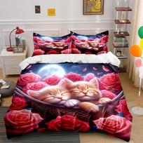 Multiple Sizes Cats In Moonlit Roses Print Bedding Set 1 Duvet Cover 2 Pillowcases For Adult And Children Luxury Gift Full Size EU Twin 135X200cm&set