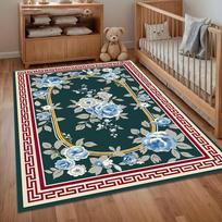 Teal Blue Floral Medallion Area Rug for Living Room Bedroom Traditional Ornate Eco-Friendly Home Decor Soft Non Slip Floor Mat 40x60cm
