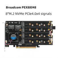 PEX88048 8-Bay M.2 NVMe SSD to PCIe 4.0 x16 Adapter Card, Dual SFF-8654 Ports, Soft RAID Support, Active Cooling, No Driver Needed