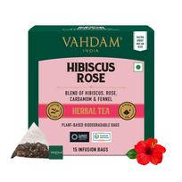 VAHDAM, Hibisko žiedų arbatos maišeliai (15 piramidės maišelių) | Be kofeino, be GMO, be glitimo | Hibiskas, rožių žiedlapiai ir egzotiški prieskoniai | Gėlių F