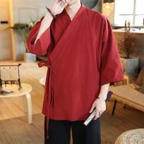 Solid Color Japanese Streetwear Kimono Cardigan for Men Open Front Casual Shirt Blouse Korean Style Mens Top S raudona