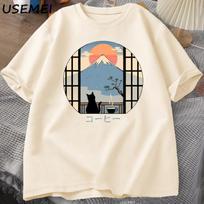 Coffee Cat in Mt Fuji T-shirt Men Women Round Neck Short Sleeve Tshirt Japanese Style Printed T-Shirt Cotton Oversized Tops S įvairiaspalvis