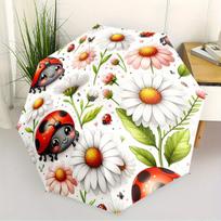 Automatic Open/Close Umbrella with Ladybugs, Daisies & Greenery - Compact Folding Umbrella, Portable Travel Umbrella with 8-Ri