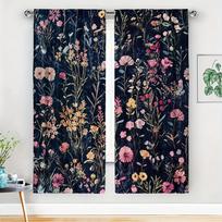 2Pc Luxurious Botanical Floral Print Curta Pair Dark Navy Background Garden Style Window Curta For Living Room And Bedroom 53x116cm 2pc21x46in