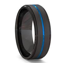 Madingas 8 mm juodas volframo vestuvinis plieninis vestuvinis žiedas vyrams, moteriškas mėlynas kupolas su dvigubu grioveliu anglies pluošto įdėklu žiedas vyrams vestuvinė juosta 6 black