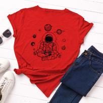 Summer Women's Printed Creative Space Astronaut Cotton Round Neck Short Sleeved Loose T-Shirts Women’s S raudona