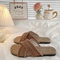 2025 summer new slippers female Korean version fairy wind flat bottom cross word fashion seaside beach cool slippers female 35 ruda