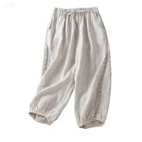 Womens Baggy Cotton Linen Pants Elastic Waist Casual Loose  Summer Beach Vacation  Pants L smėlis