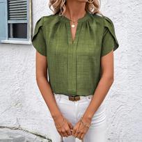 Short Sleeve Blouse for Women Lightweight V Neck Pleated Front Loose Fit Summer Top with Split Neckline Design XXL