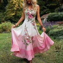 Plus Size Sleeveless Maxi Dress Floral Print V Neck Long Dress Elegant Casual Summer Dress for Women XXL rožinė