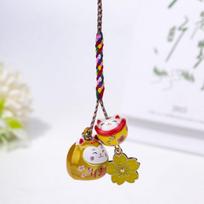 Cute Maneki Neko Key Chain Cherry Blossom Phone Strap Creative Lucky Cat Pendant  Children geltona