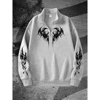 Men's Gothic Dark Printed Zipper Sweater with Stand Up Collar Design, Perfect for Casual Occasions and a Fashionable Streetwear Choice S pilka