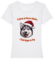 Womens Siberian HUSKY Christmas T-Shirt Mens Womens Tees Top Santa Hat Dog Woof Wishes Gift Her Pet L