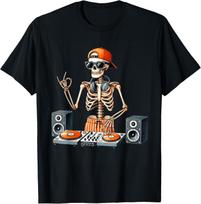 Skeleton DJ Halloween Costume Turntable Music Funny Men Boys unisex T-Shirt Mens Womens Tees Top S