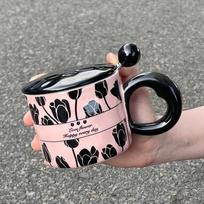 Tulip Pattern Ceramic Mug With Black Lid Breakfast Cups of Coffee Water Cup Drinkware Unusual Mugs Cup for Tea Personalized Gift 301-400ml
